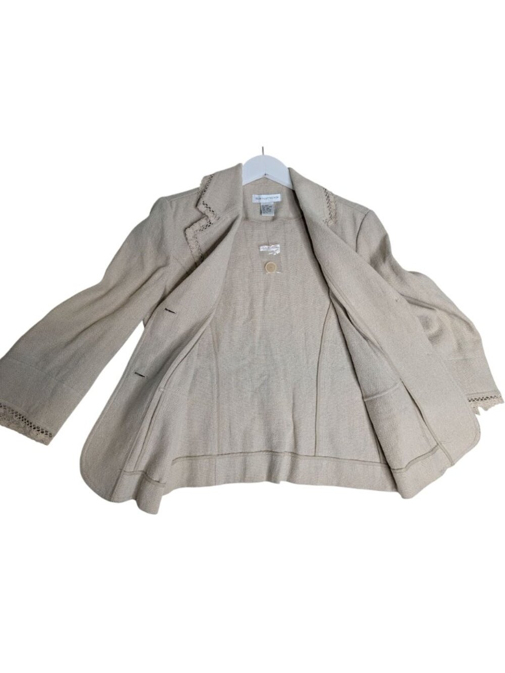 New Beige Linen Cotton Blend Lace Trim Blazer Jacket 3/4 Sleeves Newport News Si - Picture 8 of 13
